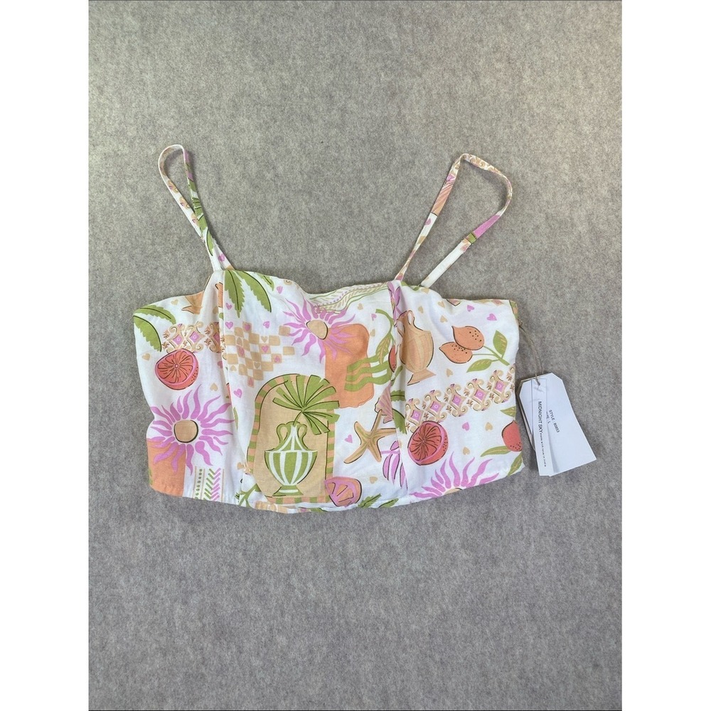 Midnight Sky Linen Blend Summer Print Crop Top Pink‎ Green L NEW